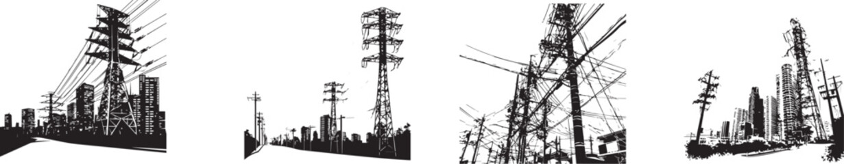 Urban Power Grid: A stark depiction of an urban landscape dominated by the intricate network of power lines and utility poles against the horizon, symbolizing energy and infrastructure.