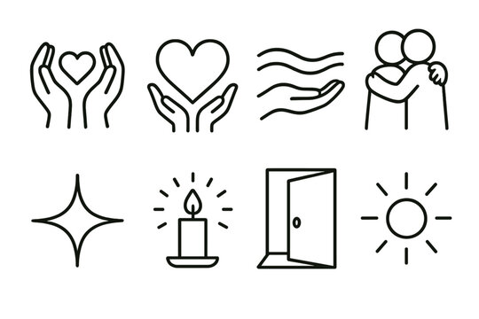 Compassionate Icon Set. March 8 Compassion & Support set in outline vector style: empathy hands, caring heart, calm wave, supportive embrace, kindness spark,