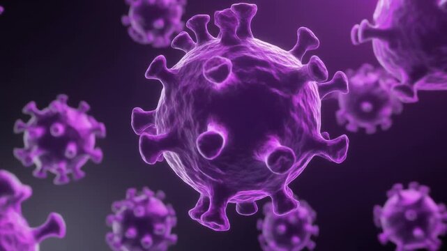 "Digitally rendered SARS-CoV-2 virus particles in glowing purple with spike proteins, dark background, high-resolution medical illustration, virology concept, COVID-19 visualization"