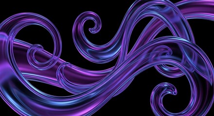 Abstract swirling neon light trails in vibrant purple and blue on black background