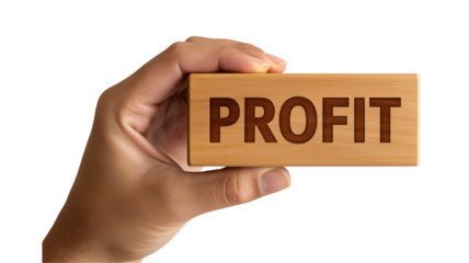 A hand holding a wooden block with the word PROFIT on it