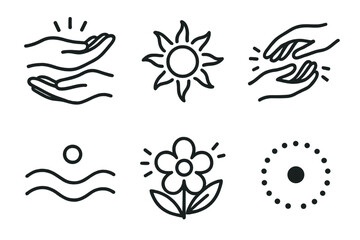Obraz premium Supportive Hands Icons. Compassionate moments set in outline vector style : supportive hands, warm aura, soft bloom, shared glow, peaceful wave, sweet dot