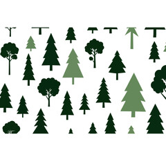 Fototapeta premium A graphic illustration of various green tree silhouettes in different shapes and sizes on a white background with a flat lay composition.