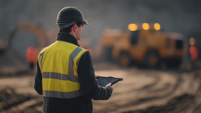 A professional engineer in a hard hat and safety vest monitors mining operations using a digital tablet at a large-scale industrial excavation site with heavy machinery in the background.
