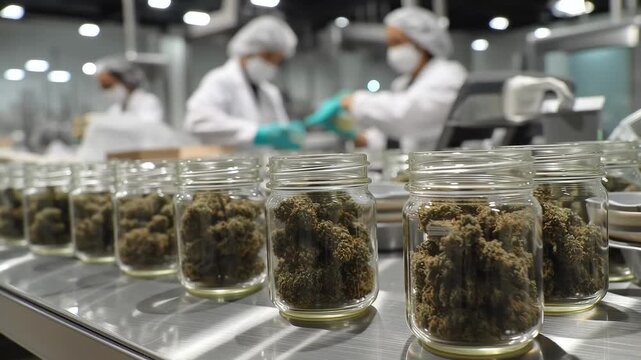 A row of glass jars filled with high-quality cannabis flower on a stainless steel table. In the blurred background, laboratory workers in protective gear manage the quality control process.
