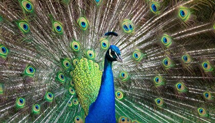 Fototapeta premium Vibrant blue peacock with fully fanned tail feathers displaying eye-like patterns in green, blue, and gold, showcasing symmetry, vivid coloration, and natural elegance in a lush setting.