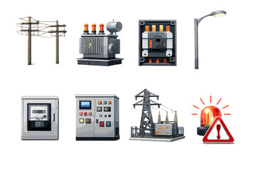Electric Network Icons. Electricity distribution network: power lines, transformer unit, circuit breaker, street lighting pole, meter box, control panel, grid connection node, outage alert icon