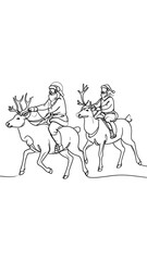 Obraz premium Outlined Santa and elf riding reindeer. Line art. Winter holiday illustration, vertical composition on white