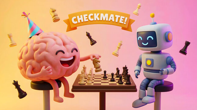 Cheerful Brain And Robot Play Chess Together In A Fun Checkmate Scene Colorful Celebration, A smiling brain and a friendly robot sit on stools, playing chess amid a colorful backdrop, playing with bot