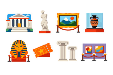 Modern Museum Icons. Museum vector set in modern flat style : classical building, sculpture, painting, display case, artifact, ticket, column, gallery