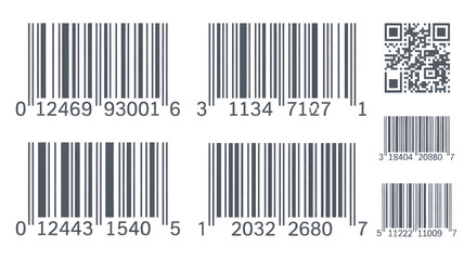 A collection of various barcodes and a QR code on a black background