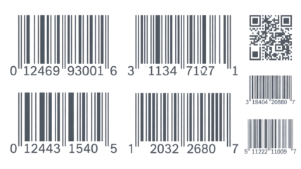 A collection of various barcodes and a QR code on a black background