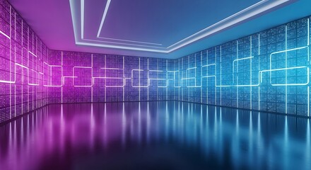 Futuristic server room with glowing blue and purple LED lights in modern data center