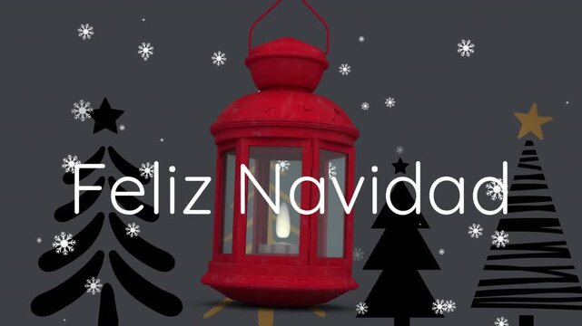 Animation of felix navidad text and snowflakes fallling over christmas lamp and christmas tree icons
