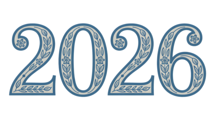 A decorative illustration of the year 2026 in blue and white