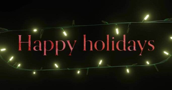 Animation of red happy holidays text with illuminating string lights on black background