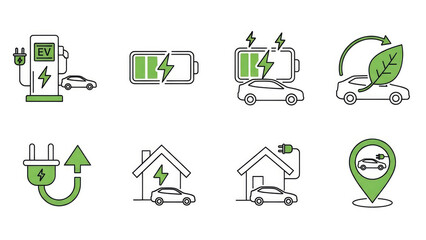 Electric Vehicle Charging and Sustainability Icons Set.