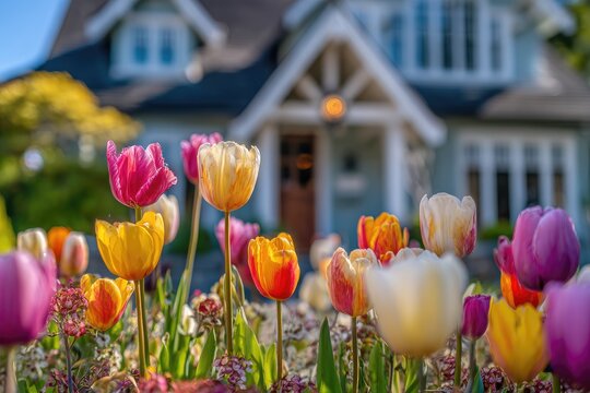 Colorful tulips bloom in front of a beautiful, classic home on a sunny day