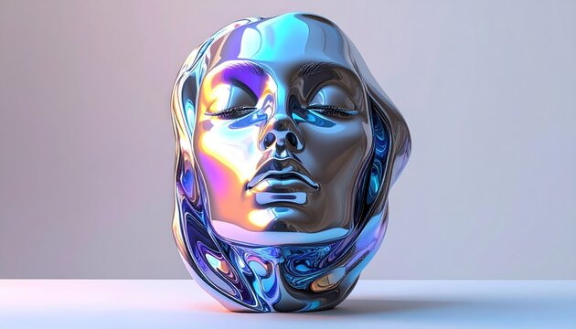 A chrome-like sculpted face reflects iridescent light, serene expression against a neutral backdrop