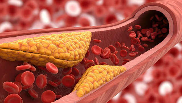 A detailed 3D rendering of a human artery showing plaque buildup and red blood cells, illustrating atherosclerosis and arterial blockage.