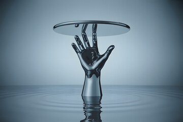 Liquid Metal Hand Balancing a Disc on Rippling Water Surface