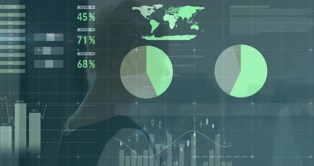Animation of financial data processing over caucasian businesswoman looking through window - Powered by Adobe