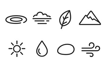 Nature Icons Elegance. Clarity in Nature set in outline vector style: still pond, clear sky, single leaf, mountain outline, morning sun, dew droplet, smooth pebble, gentle breeze line