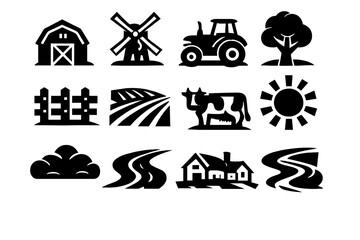 Brutalist Rural Icons. Ural Landscape icon set in silhouette bold style. Contain barn, windmill, tractor, tree, fence, field, cow, sun, cloud, road, farmhouse, river