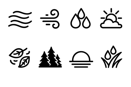 Misty Forest Icons. Forestscape Atmosphere set in outline vector style: drifting fog, gentle breeze swirl, raindrop cluster, soft light ray, rustling leaves,