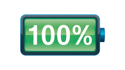 A green battery icon showing 100 percent charge on a black background
