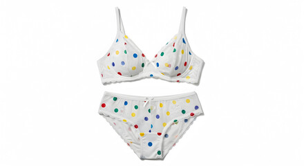 Playful white women's lingerie set featuring a bra and matching briefs adorned with bright multicolored polka dots