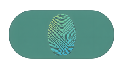 A fingerprint icon on a teal background with a black border