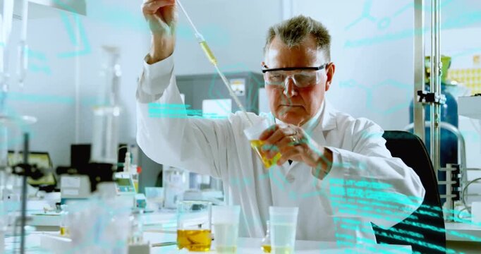 Animation of data processing and chemical formula over caucasian male scientist taking sample