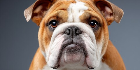 Adorable Bulldog Portrait with Expressive Eyes and Cute Orange and White Fur on Neutral Background