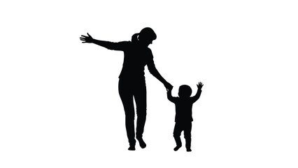 Obraz premium Mother guides toddler encouraging first steps embracing parenthood family bonding and childhood milestones in a monochromatic Silhouette vector on whit Background