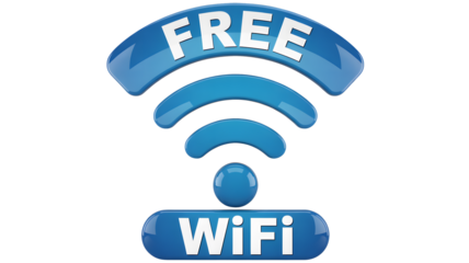 A blue WiFi symbol with the words FREE and WiFi on a black background