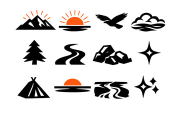 Naklejka premium Brutalist Mountain Icons. Sunrise Peaks icon set in silhouette bold style. Contain mountain silhouette, rising sun, bird, mist cloud, tree, path, rock, star, tent, horizon line, stream, sparkle
