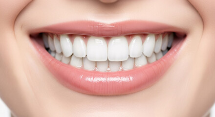 Close-up of a perfect, bright white smile with glossy pink lips, dental health and beauty concept