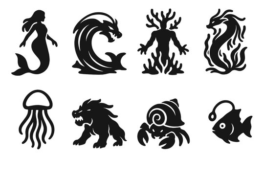 Mythic Ocean Silhouettes. Ocean Mythic Creatures set in outline vector style: merfolk silhouette, leviathan wave arc, coral guardian, kelp serpent, glowing
