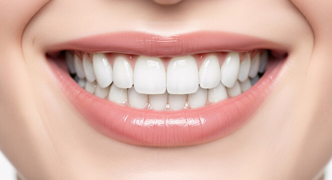 Close-up of a perfect, bright white smile with glossy pink lips, dental health and beauty concept