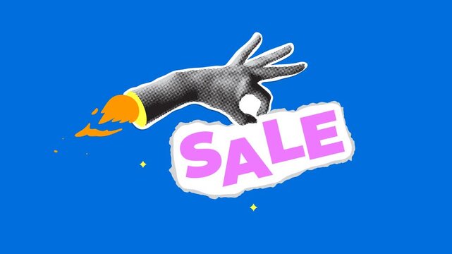 Marketing strategy. Sale banner. Halftone hand holding word Sale. Hand in the shape of a rocket with flames flies through space. Surreal business creative. Flash Sale concept. Collage animation