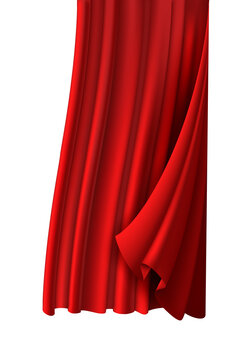 Luxurious red stage curtain pulled back to reveal, evoking drama and anticipation in a theater setting, isolated on transparent background, png