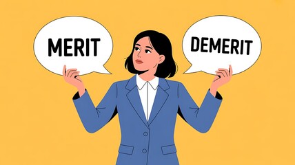 Naklejka premium Businesswoman comparing merit and demerit concept with balance choice 