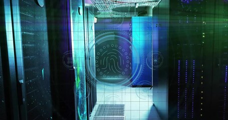 Data center cabinets showing blue green lighting with digital fingerprint overlay boosting security - Powered by Adobe
