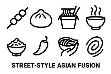Street Food Icons. Street-Style Asian Fusion set in outline vector style: skewer icon, bao shape, noodle cup, spice steam, crispy topping, chili pod, handheld bowl, dynamic swirl