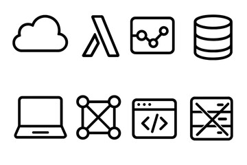 Serverless Computing Icons. Serverlessset in outline vector style cloud computing, function, API, database, laptop, network, code, no server icon