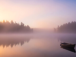 Obraz premium Serene Lake Scene with Small Boat at Dawn