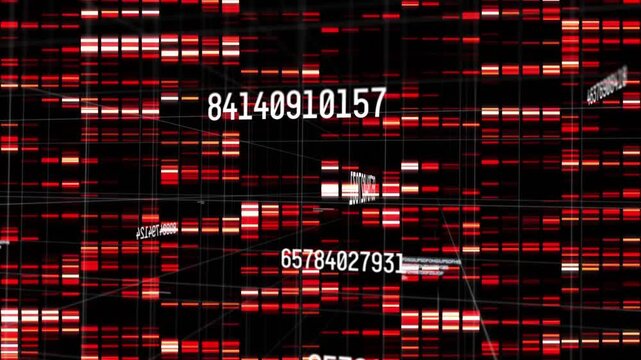 Virtual camera moving through 3D grid showing rotating numbers, shifting bars mapping data network