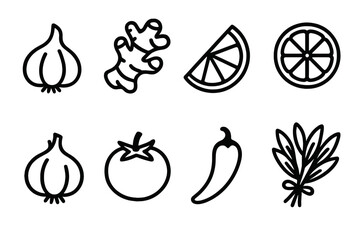 Seasonal Flavor Icons. Flavoring Fresh Ingredients set in outline vector style : garlic clove, ginger root, lemon wedge, lime slice, onion bulb, tomato, chili pepper, fresh herb bundle