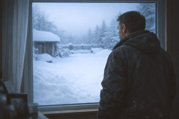 Man Observing Snow Through Window